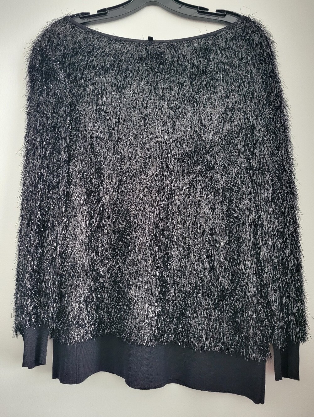 Lafayette 148 New York black metallic tinsel knit top textured fringe finish